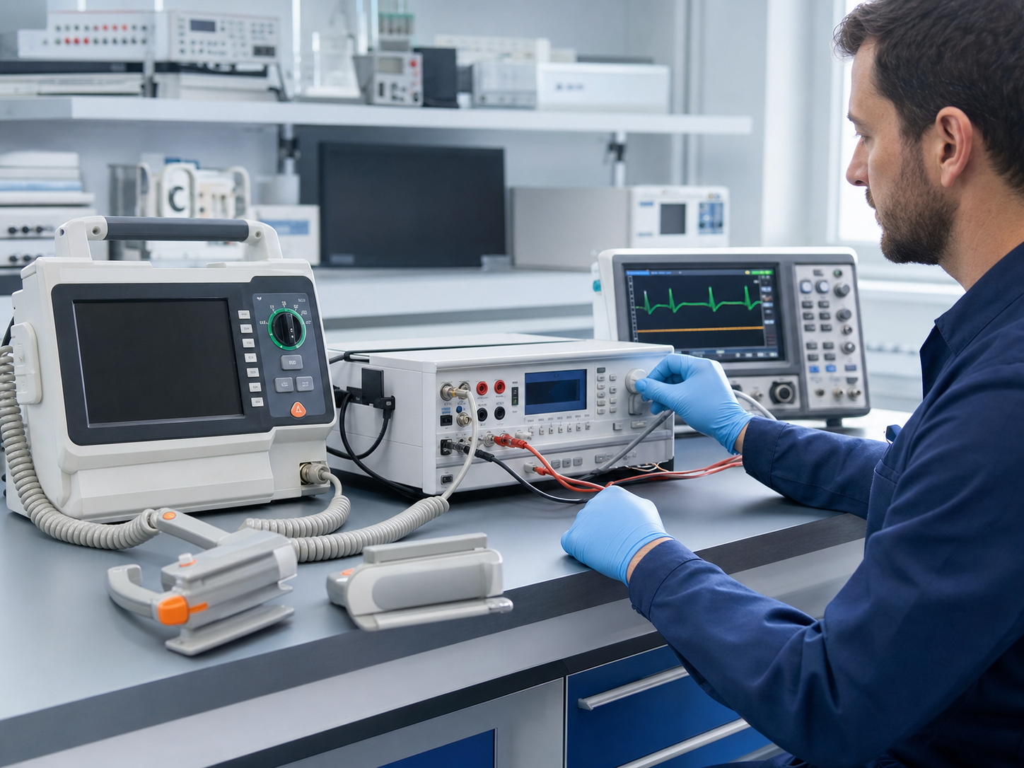 Defibrillator and ECG simulator connected to precision calibration equipment