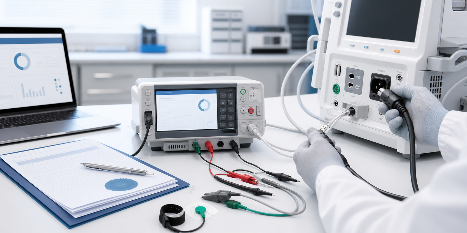 Medical electrical safety analyzer connected to a patient care device with certificate documents nearby